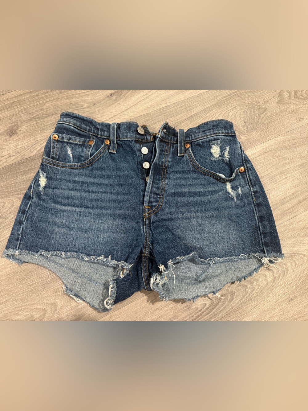 High-Waist Distressed Denim Shorts - Dark Blue